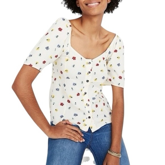Madewell Seamed Floral Top Smocked Back Size Short Sleeve - Picture 3 of 16